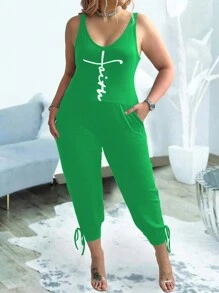 SHEIN LUNE 大碼女士夏季字母印花連身褲，配有口袋和肩帶，休閒風格 - 綠色 - 查看 1