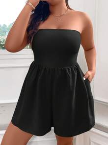 SHEIN Essnce Mono sin tirantes de talla grande con empalme heterogéneo y bolsillos para el verano - Negro - Ver 2