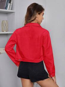 SHEIN Essnce Spring/Summer Casual Solid Color Cropped Denim Jacket - Red - View 2