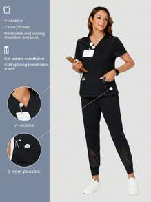 TaskEZ Shein Essnce Women Nurse Uniform Scrubs Summer Solid Color V-Neck Top With Pockets And Short Pants Uniform Set