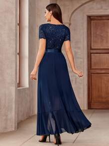 MIUSOL 优雅V领亮片花卉蕾丝荷叶边前短后长正式派对长裙，适合舞会、晚宴、婚礼宾客着装