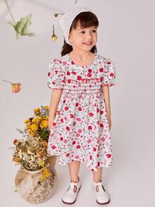 SHEIN Young Girls' Puff Sleeve Dress With Ruffle Collar, Floral Print And Hat - Multicolor - View 5
