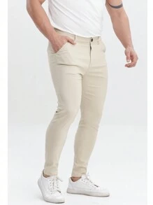 Pantalones chinos ajustados para hombre con estiramiento, pantalones formales de color caqui con resistencia a las arrugas y pliegues planchados - Caqui - Ver 6