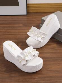 Women's Fashionable Pearl Decor Wedge Heel Platform Sandals For Outdoor Wearing - White - View 5
