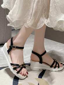 女士厚底坡跟凉鞋，舒适透气绑带设计，轻便纯色鞋