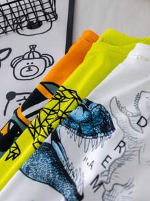 Set de 3 camisetas de manga corta con cuello redondo y gráfico de dinosaurio lindo para niño, conjunto informal para exterior, calle, fiesta, paseo por la ciudad