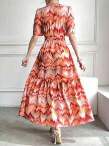 Seusyu Vestido largo informal de verano con técnica de teñido anudado y cintura fruncida - Rojo - Ver 5