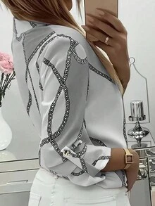 女士秋季衬衫，常规纽扣领，圆领数码金链印花，圣诞元素印花，长袖，适合休闲、通勤、户外休闲穿着 - 彩色 - 查看 2