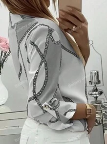 Women's Chain Print Stand Collar Long Sleeve Shirt,Long Sleeve Tops