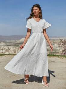 RueChic Textured Fabric Hollow Embroidery Cinched Waist Ruffle Sleeve Holiday Style Dress - White - View 2