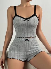 蕾丝边吊带上衣和短裤睡衣套装灰色休闲套装