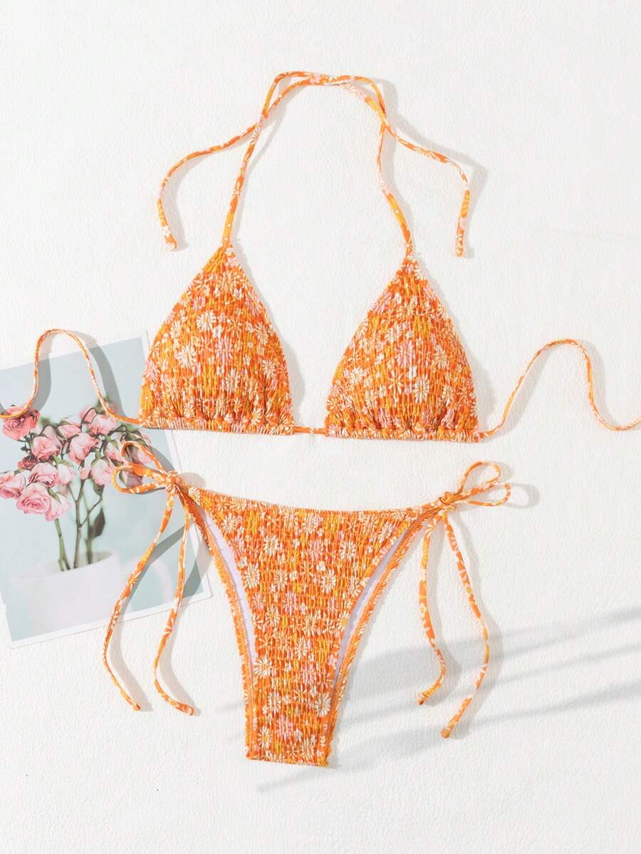 SHEIN Swim Women's Summer Beach Ditsy Floral Orange Halter Neck Sexy Bikini Set, Random Print Pattern - Multicolor - View 1