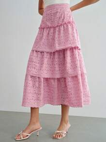 MOTF STUDIO SOLID SCHIFFY LAYERED RUFFLE HEM SKIRT - Pink - View 5