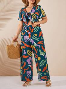 RueChic VCAY Plus Geometric Print Ruffle Trim Top & Wide Leg Elastic Belted Pants - Multicolor - View 3