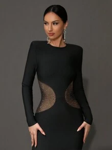 Modphy 新款时尚黑色性感水晶腰网眼拼接长款绷带连衣裙，女士正式派对晚礼服，适合开斋节、婚礼宾客 - 黑色 - 查看 7