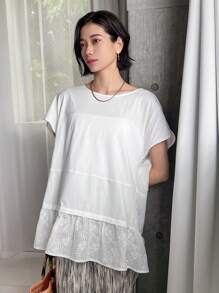 FRIFUL Áo thun nữ mùa hè màu trơn cổ tròn cánh dơi tay ngắn dáng rộng có viền xù - trắng - Xem 4