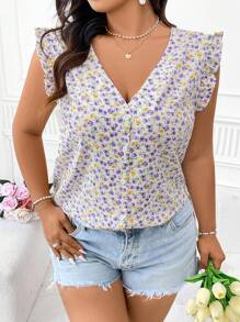 Calvaya Plus Size V-Neck Flutter Sleeve French Style Floral Shirt - Mauve Purple - View 6