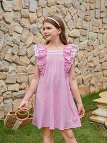 Vestido Simples A-Line Solto de Duas Camadas com Patchwork Listrado e Mangas Babados para Meninas Pré-adolescentes