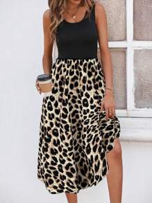 SHEIN LUNE LUNE 豹纹拼接女士连衣裙长款套装 - 彩色 - 查看 3