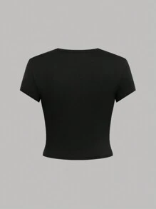 SHEIN 4 件装少女针织纯色短袖休闲 T 恤套装 - 玫紅色 - 查看 12