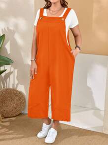 EMERY ROSE Plus Size Women'S Orange Overalls With Adjustable Straps, Button Closure And Pockets On Split Legs For Spring