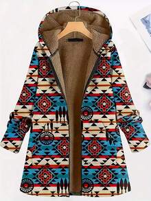 Jaqueta Casual com Capuz e Impressão Geométrica de Comprimento Médio, Forrada Termicamente para Outono/Inverno - Multicolorido - Visão 4