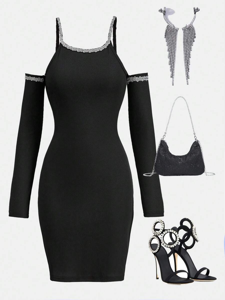 Teen Girl Open Shoulder Long Sleeve Dress - Black - View 1