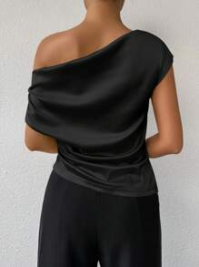 Firerie Áo sơ mi nữ một vai xếp nếp màu trơn đơn giản hàng ngày - màu đen - Xem 2