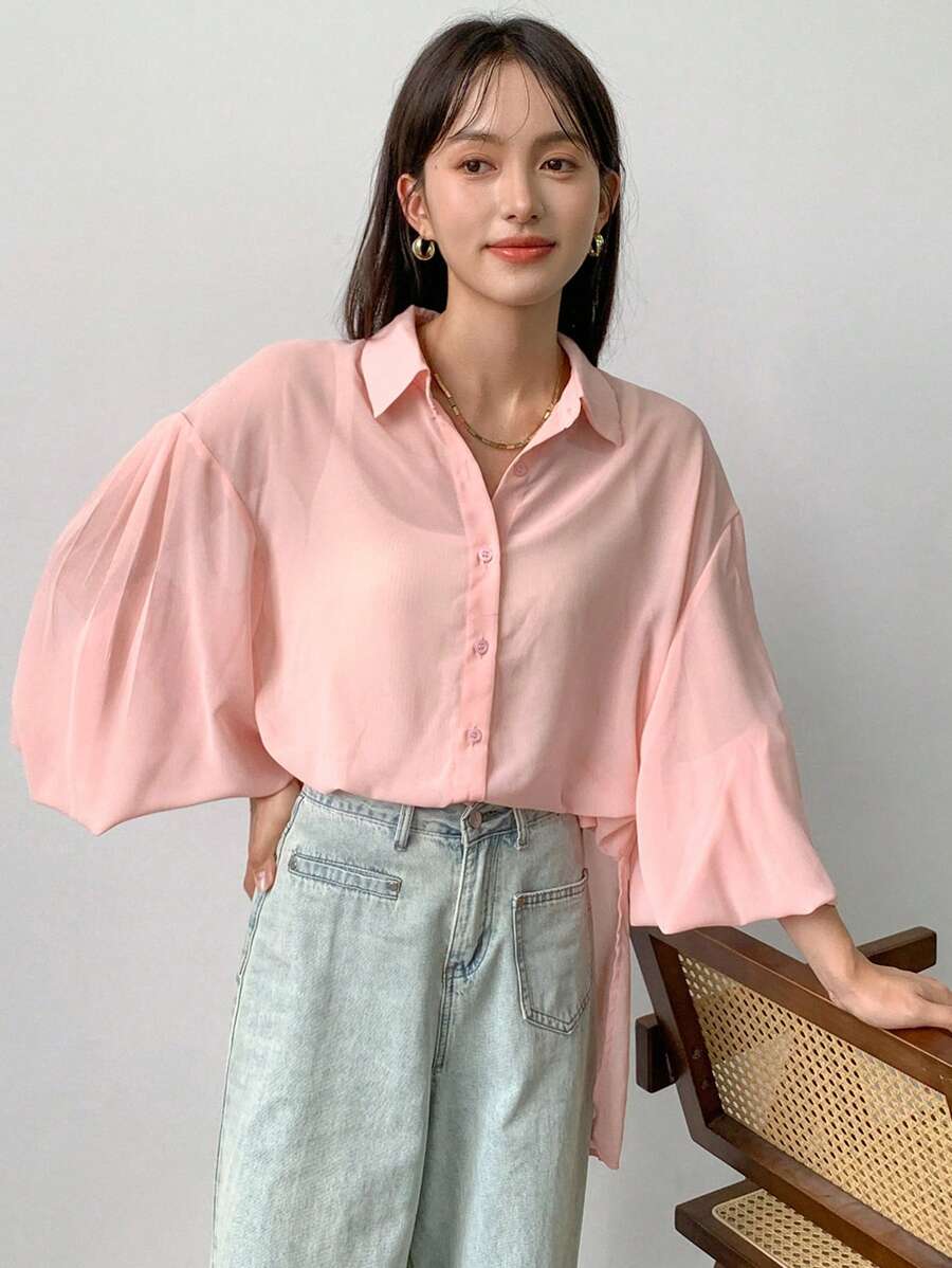 FRIFUL Summer Casual All-Match See-Through Lantern Sleeve Blouse For Daily Wear