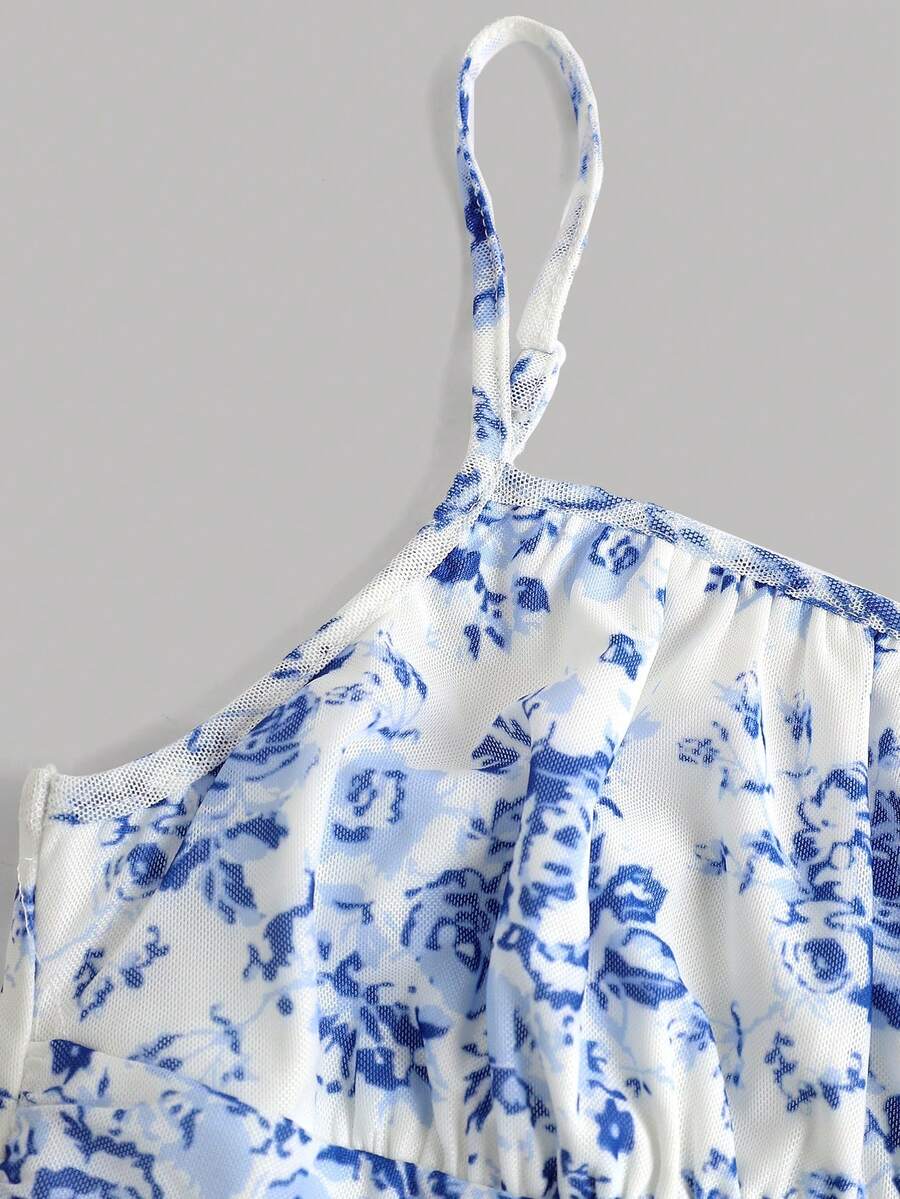 SHEIN Teen Girls Blue & White Flower Printed DoubleLayered Mesh Knit