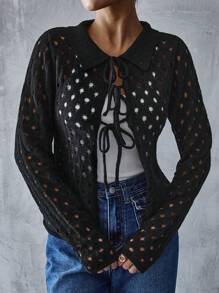 SHEIN Essnce Suéter de punto casual de mujer con cordones, lazo y manga larga transparente, chaqueta delgada de manga larga con cuello y lazo, calada - Negro - Ver 8