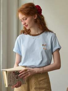 Simple Retro Camiseta casual redonda para mujer con bordado personalizado en la insignia - Azul - View 2