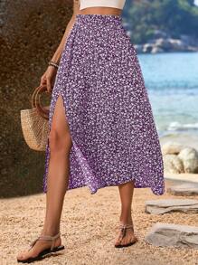 SHEIN LUNE Women's Random Printed Simple Daily Maxi Skirt - Purple - View 1