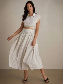 Aveloria Modichic 法式風格無袖撞色皮克衫領喇叭裙套裝，高腰A字裙 - 米色 - 查看 1