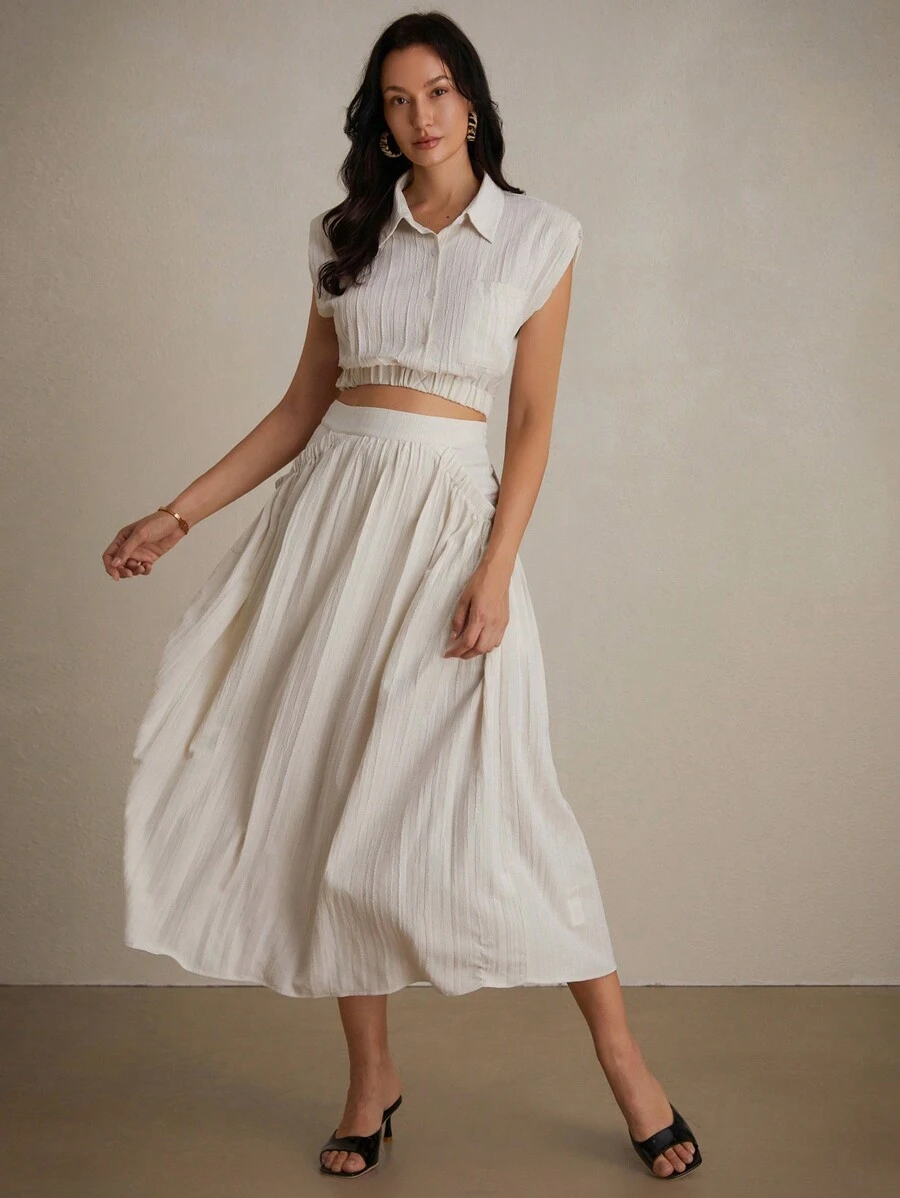 Aveloria Modichic 法式風格無袖撞色皮克衫領喇叭裙套裝，高腰A字裙 - 米色 - 查看 1