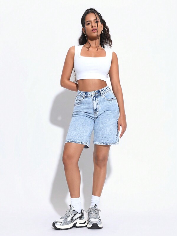 SHEIN PETITE Shorts en jean Bermuda décontractés pour femmes, coupe ample avec poches