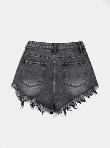 SHEIN EZwear 夏季休閒破洞牛仔短褲 - 黑色 - 查看 2