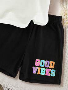 Schwestern Outfits im Partnerlook, Set aus legerem T-Shirt mit bedruckten Buchstaben und Shorts für Kleine Mädchen, Sommer - Verschiedenfarbig - Übersicht 5
