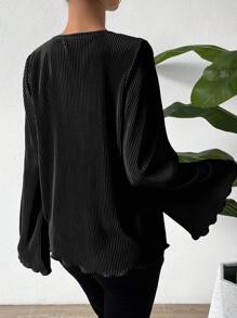 Ellegaria. Camiseta casual para mujer de primavera/verano de unicolor con cuello redondo, mangas acampanadas y ajuste suelto - Negro - Ver 2