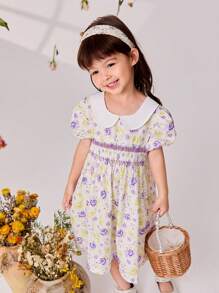 SHEIN Young Girls' Puff Sleeves Floral Print Dress With Detailing, Suitable For  And Elegant Occasions