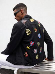 Manfinity Homme Men's Floral Embroidery Single-Breasted Casual Long Sleeve Denim Jacket - Black - View 6
