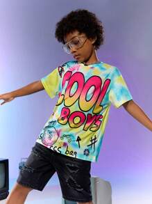 SHEIN Explorewe 1入組青少年男童短袖圓領渲染大圖案休閒夏季T恤 - 彩色 - 查看 1