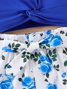 Young Girls' Solid Color Twist Design V-Neck Top With Waist Belt, Flower Printed Shorts And Hat Set - Royal Blue - View 7