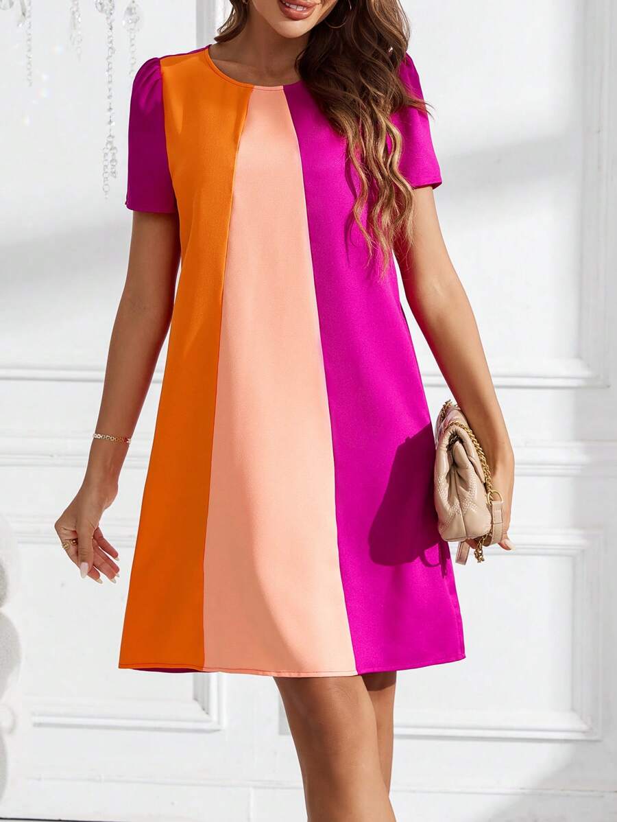 SHEIN Clasi 女士短袖圓領A字型拼色迷你裙