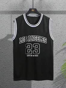 Manfinity Homme Camiseta de baloncesto con impresión digital para hombre, sin mangas, con letra y diseño de bloques de color de Brooklyn