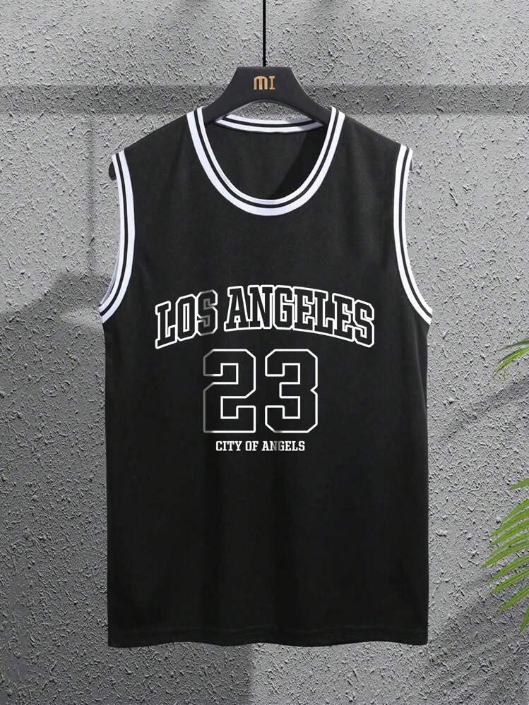 Manfinity Homme 男士數字印花籃球背心，無袖球衣信件布魯克林色塊設計 - 黑色 - 查看 3