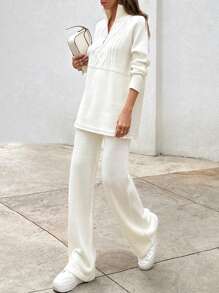 EURMUSE 簡約編織領帶開衫與毛衣褲套裝 - 白色 - 查看 3