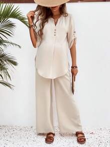 SHEIN Maternity Daily Casual Loose V-Neck Shirt And Pants Set With Rolled Cuff - Khaki - View 4