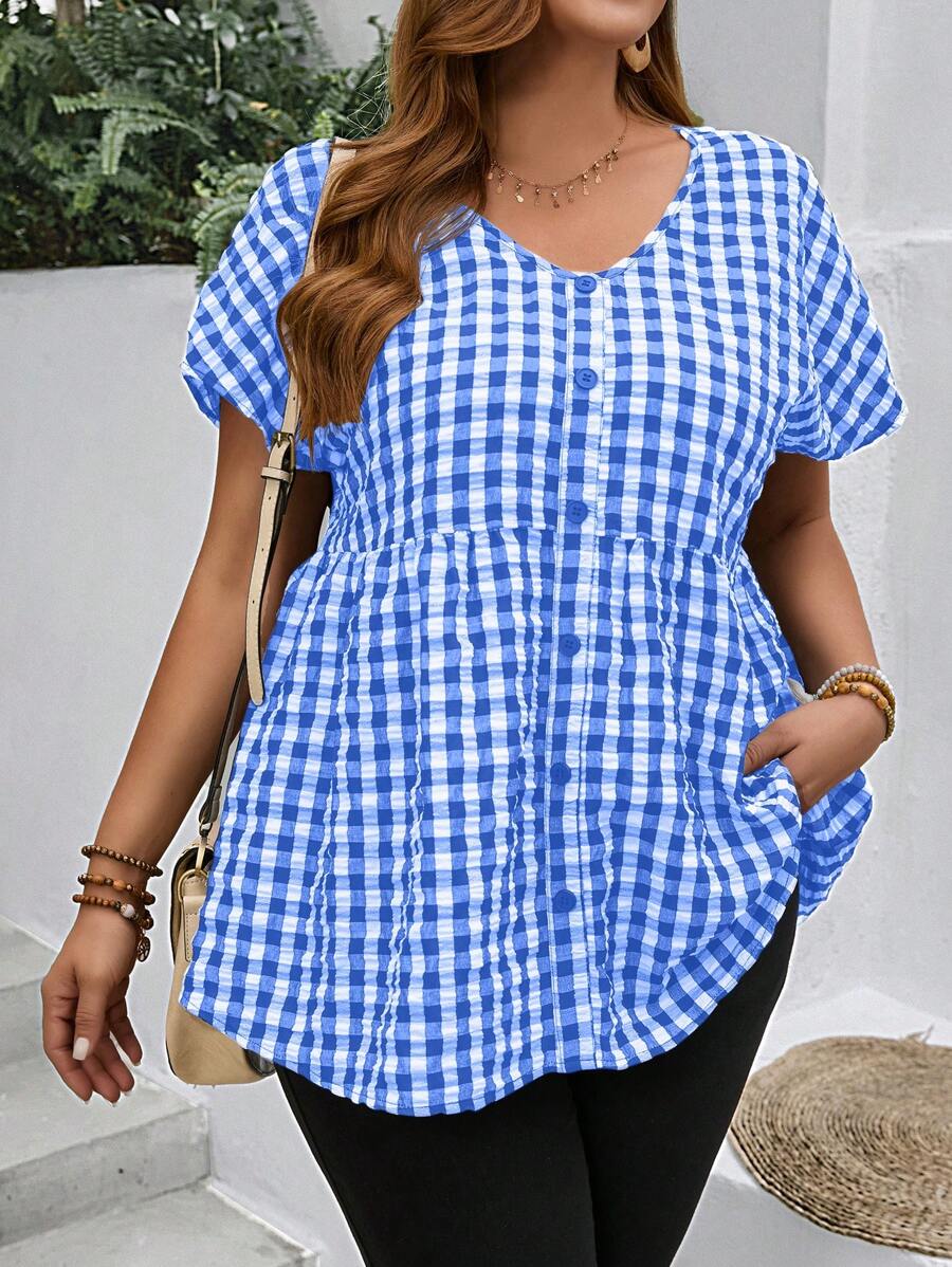 EMERY ROSE Blusa xadrez preta e branca estilo mamãe com decote em V para mulheres de Plus Size, decorada com botões e mangas de morcego, ideal para a primavera - Azul Royal - Visão 1