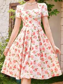 Vintamour 复古优雅女式宽松连衣裙，春/夏，花卉图案，方形领口，短袖，粉色，度假伞形下摆复古夏装节日服装超长女式连衣裙毕业礼服毕业乡村音乐会服装新娘送礼会礼服婚宴礼服夏季女式连衣裙粉色 - 粉色 - 查看 3